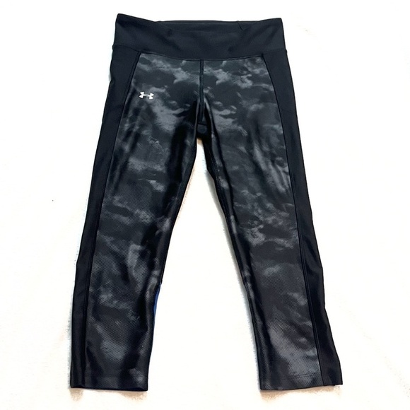 Under Armour Capri Leggings Heat Gear Black Gray Blue Small Pull On Athletic - Picture 1 of 7